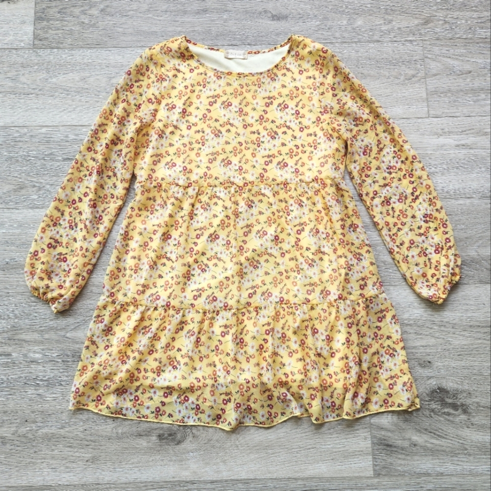 Altar'd State Yellow Floral Dress Womens Medium Tiered Long Sheer Sleeves